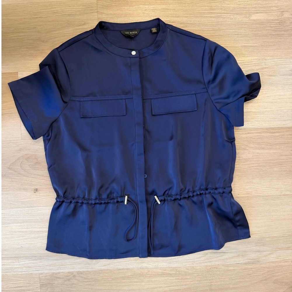 Ted Baker London Satin Ayvaa Waist Cord Navy Blue Blouse - Size‎ 3